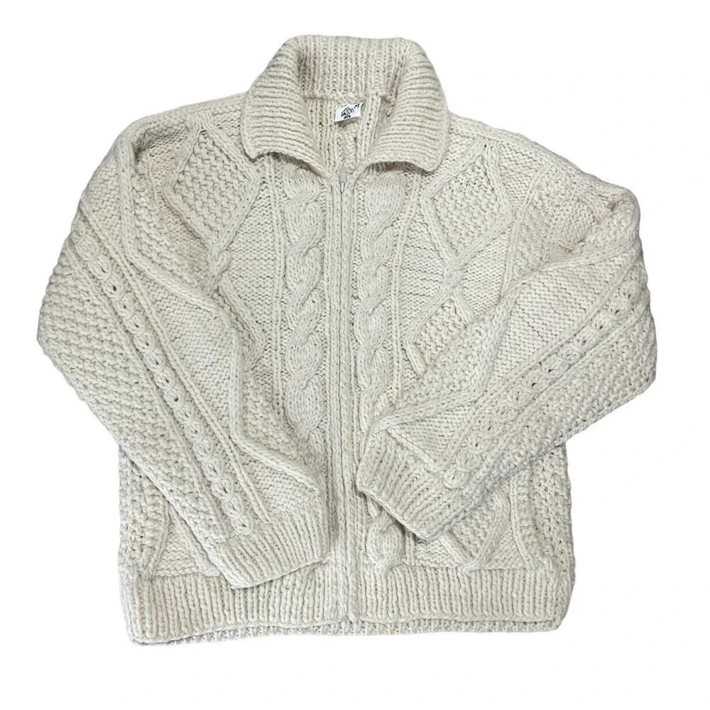 Vintage Ice Ame Full Zip Chunky Sweater Cardigan Ivory Hand Knit Size Large